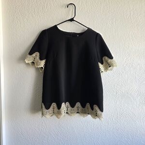 Elegant Black and Cream Women's Blouse With Crocheted Hem & Cuffs